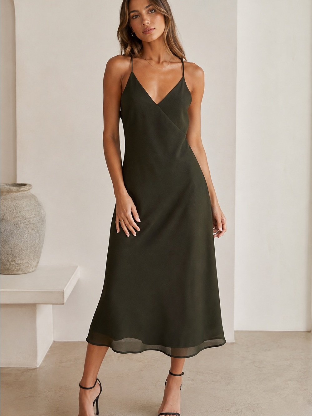 Topshop Olive Green Slip Midi Dress